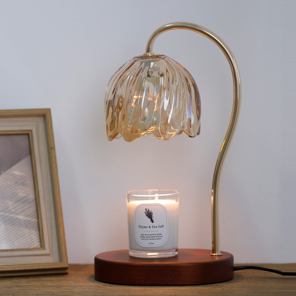 Amber Petal Glass Candle Warmer Lamp & Candle Set – Dark Wood Base