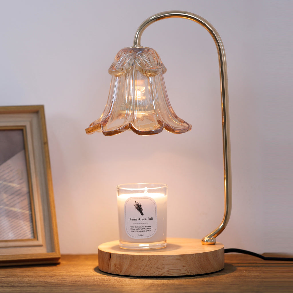 Amber Tulip Glass Candle Warmer Lamp & Candle Set – Natural Wood Base
