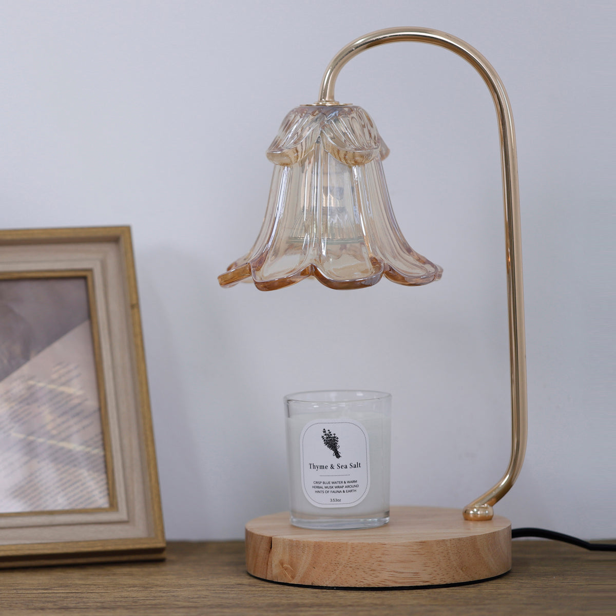 Amber Tulip Glass Candle Warmer Lamp & Candle Set – Natural Wood Base