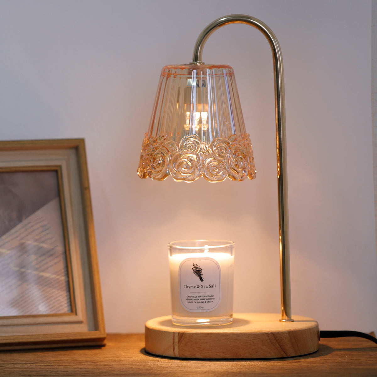 Amber Rose Glass Candle Warmer Lamp & Candle Set – Natural Wood Base