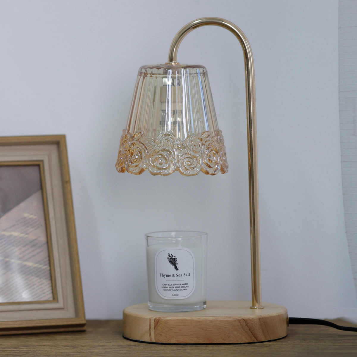 Amber Rose Glass Candle Warmer Lamp & Candle Set – Natural Wood Base