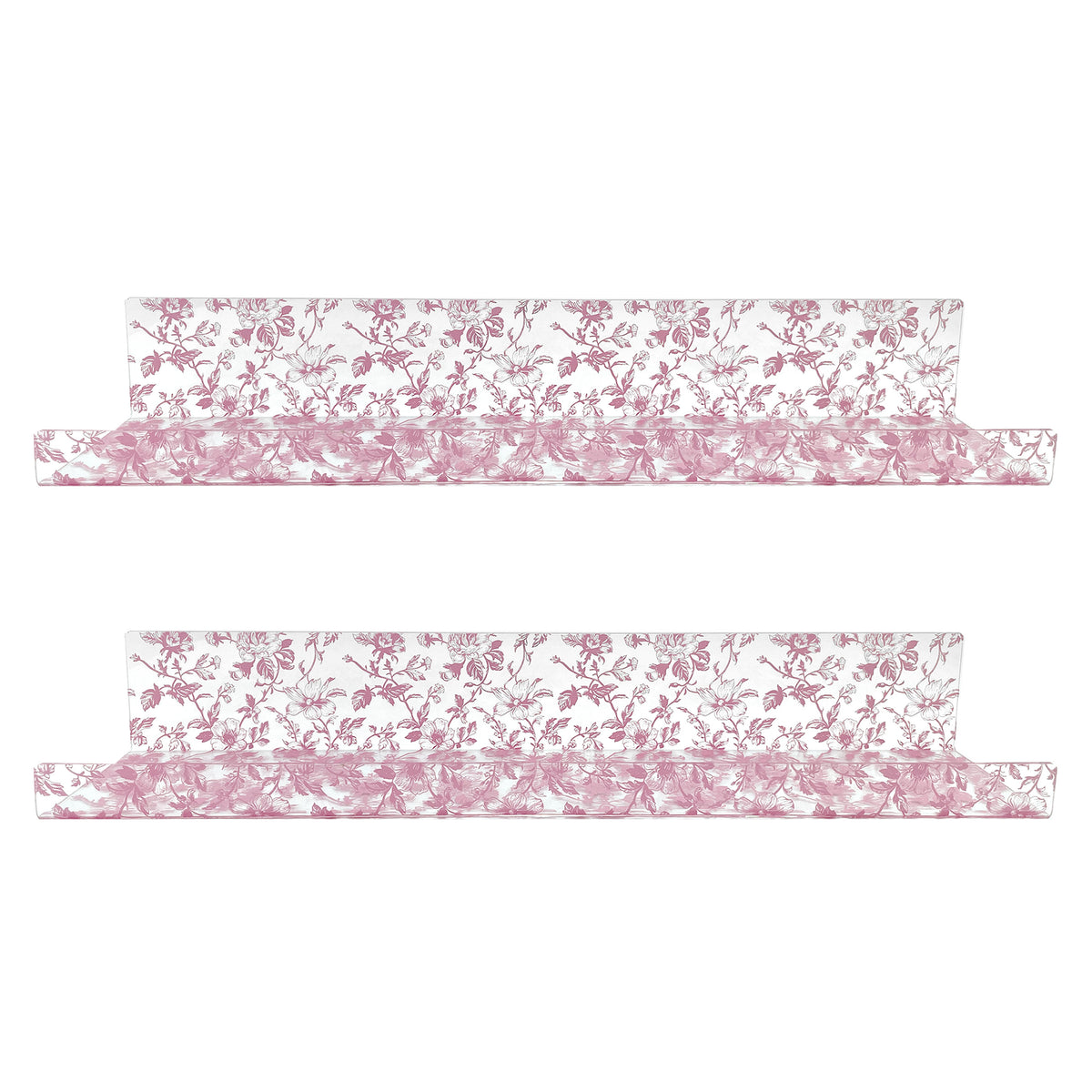 20” Pink Toile Acrylic Floating Wall Shelves, Set of 2