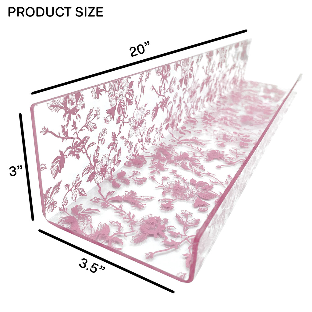 20” Pink Toile Acrylic Floating Wall Shelves, Set of 2