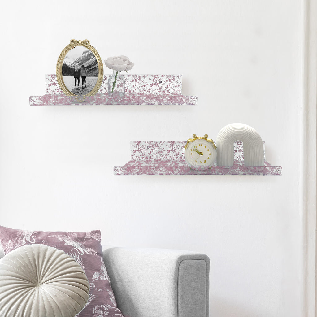 20” Pink Toile Acrylic Floating Wall Shelves, Set of 2