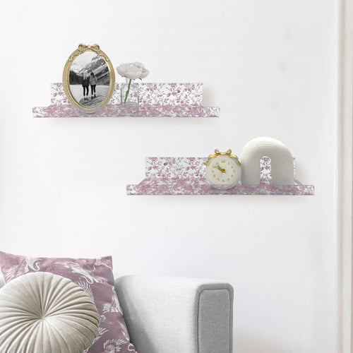 20” Pink Toile Acrylic Floating Wall Shelves, Set of 2