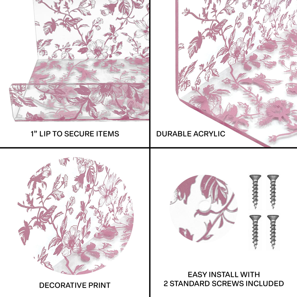 20” Pink Toile Acrylic Floating Wall Shelves, Set of 2