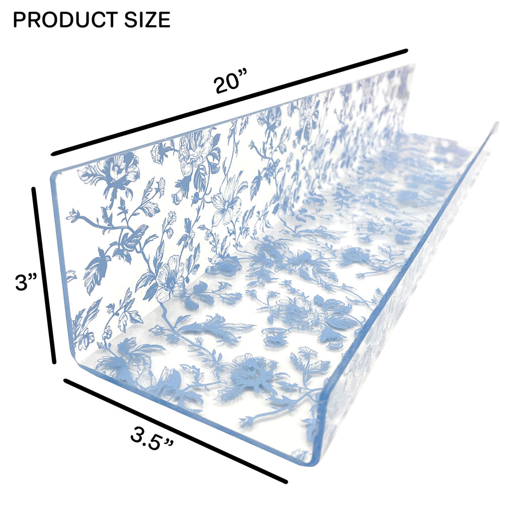 20” Blue Toile Acrylic Floating Wall Shelves, Set of 2