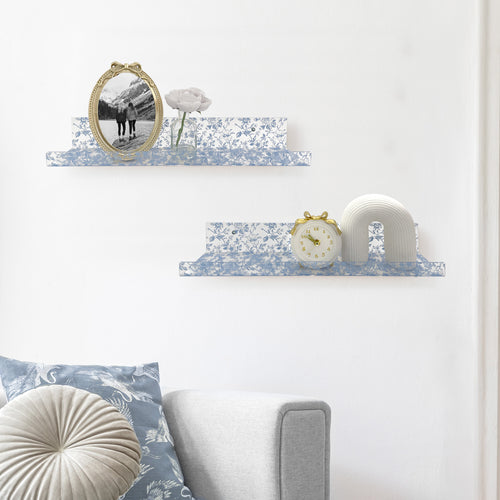 20” Blue Toile Acrylic Floating Wall Shelves, Set of 2