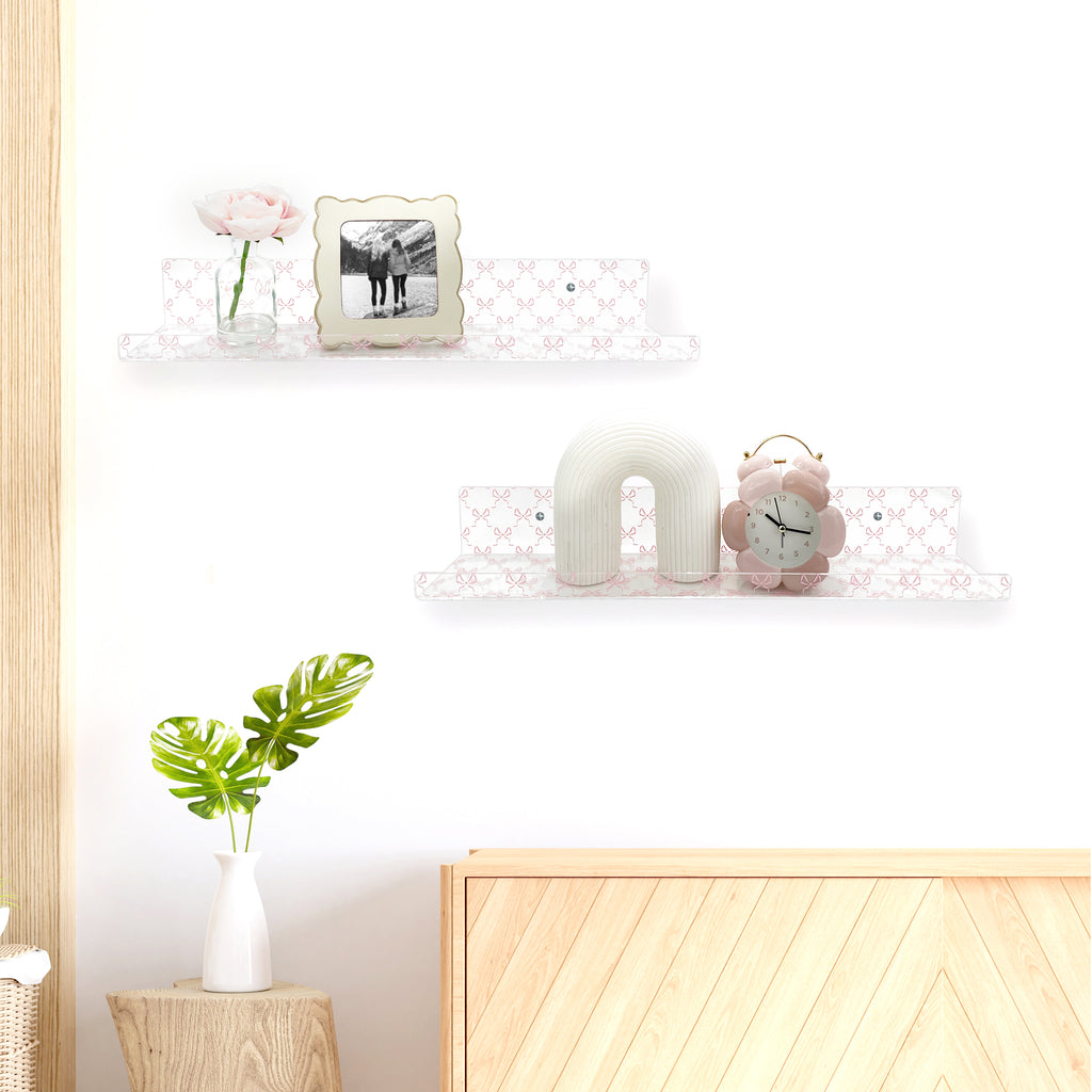 20” Pink Bow Acrylic Floating Wall Shelves, Set of 2