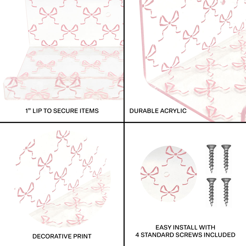20” Pink Bow Acrylic Floating Wall Shelves, Set of 2