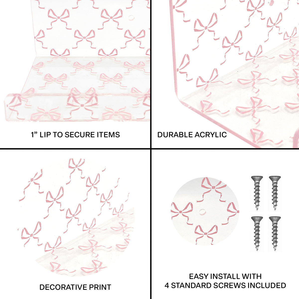 20” Pink Bow Acrylic Floating Wall Shelves, Set of 2