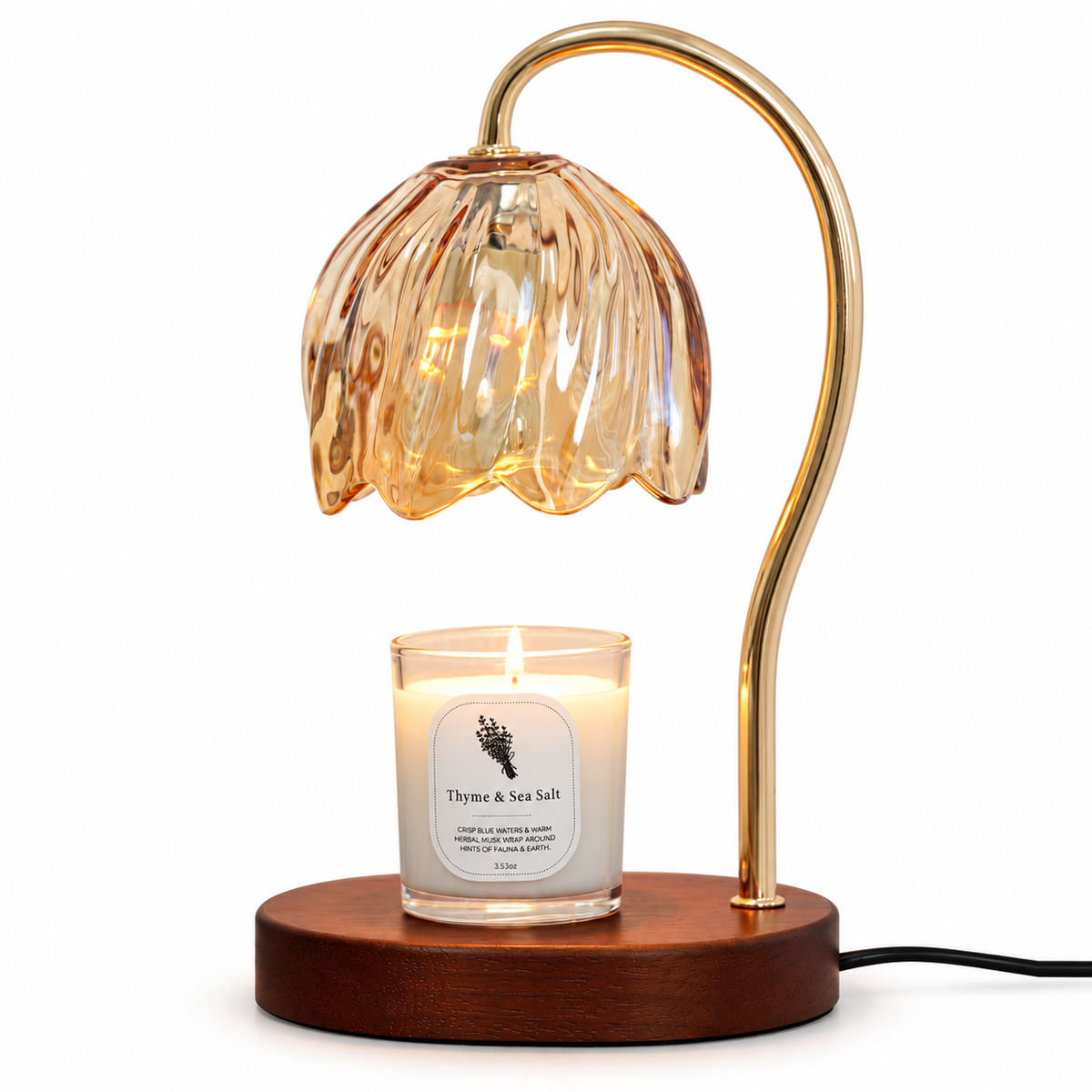 Amber Petal Glass Candle Warmer Lamp & Candle Set – Dark Wood Base