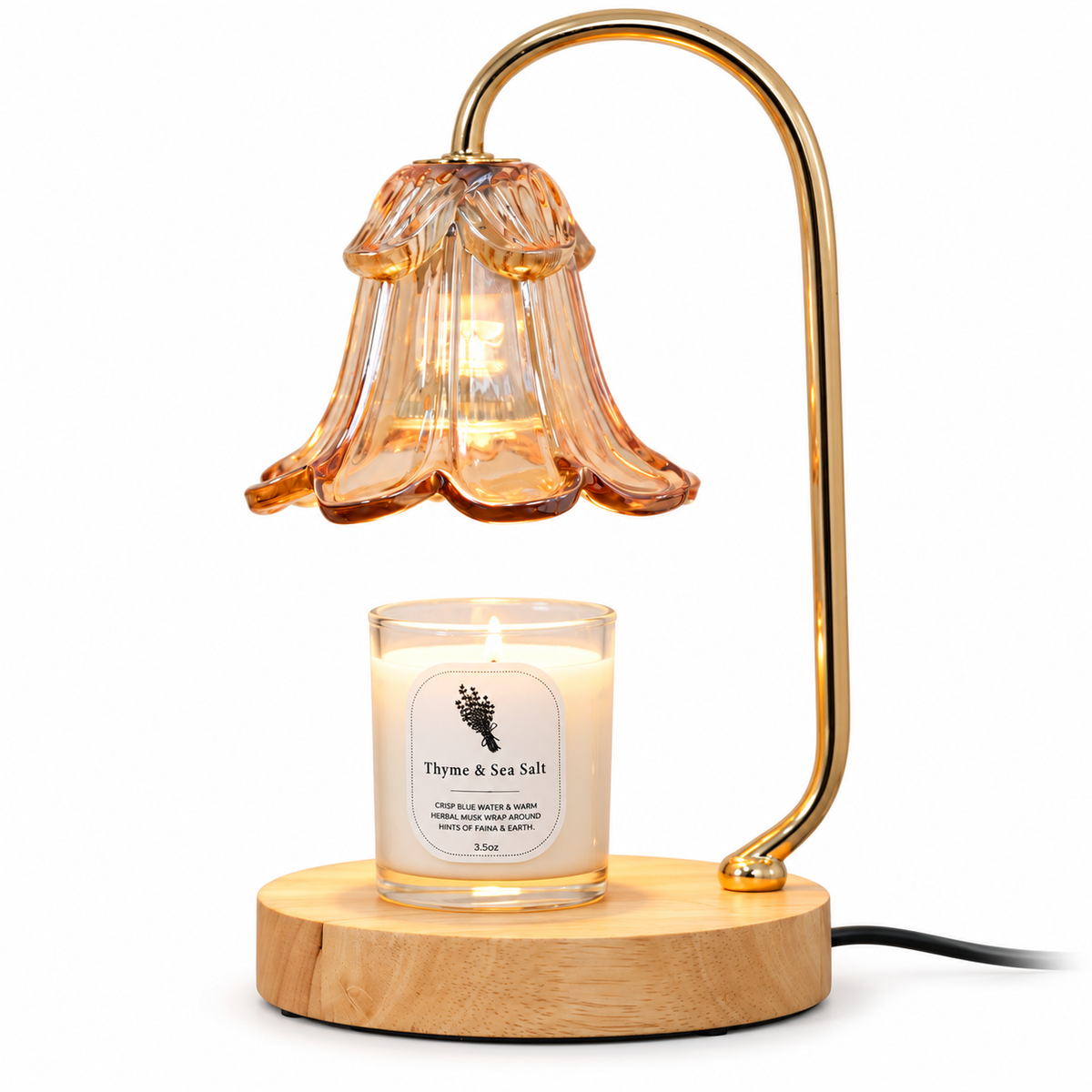 Amber Tulip Glass Candle Warmer Lamp & Candle Set – Natural Wood Base