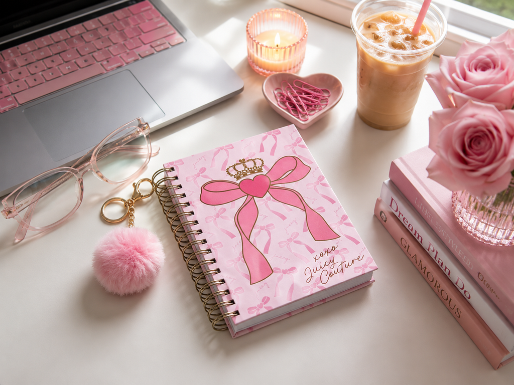 Juicy Couture Bow Spiral Notebook with Pom Keychain